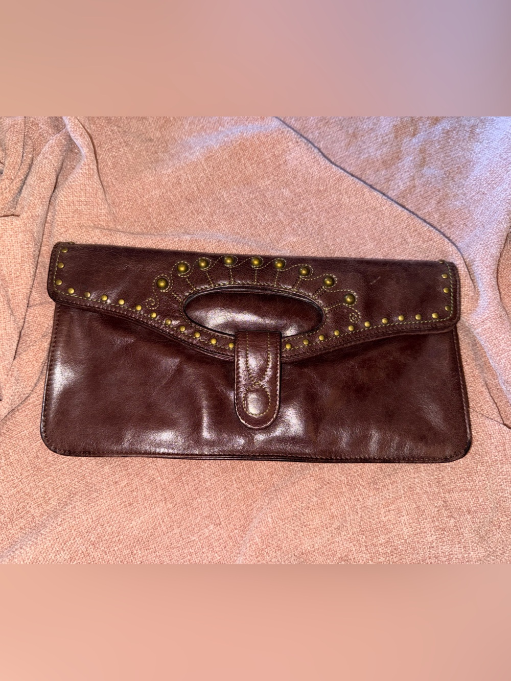 Vintage HOBO Dark Brown Leather Studded Clutch